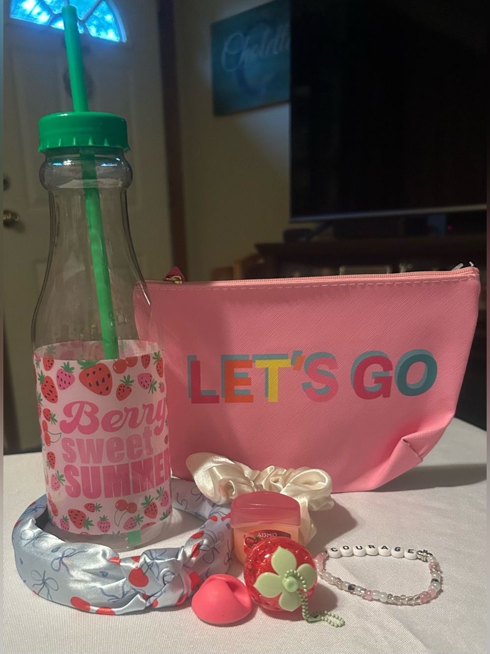 Pink "LET'S GO" Cosmetic Pouch with Strawberry Summer Tumbler Bundle